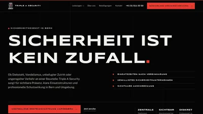 Page d&rsquo;accueil du site Triple A Security&nbsp;: &laquo;&nbsp;Sicherheit ist kein Zufall.&nbsp;&raquo; en lettres blanches sur fond noir, avec le bouton rouge de premi&egrave;re &eacute;valuation gratuite.